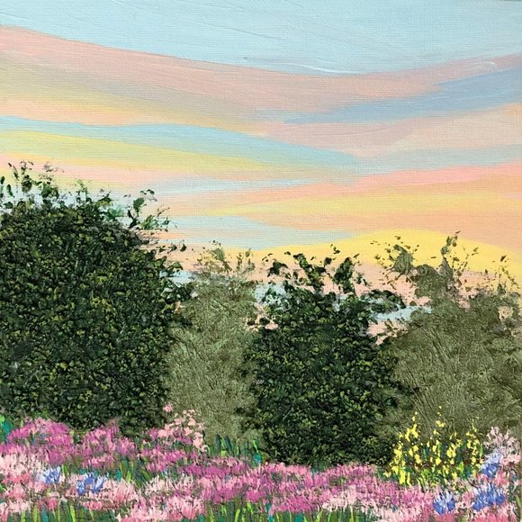 Morning Meadow Acrylic Painting Colorful Sky 8 x 8